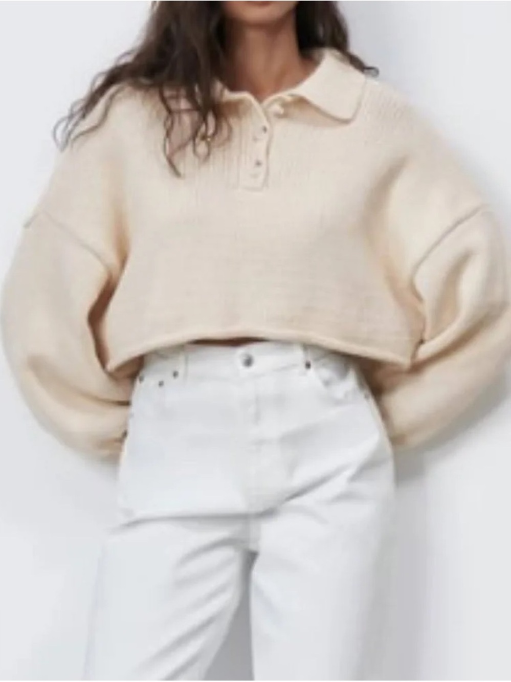 Zara Cream Cropped Collared Knit Sweater